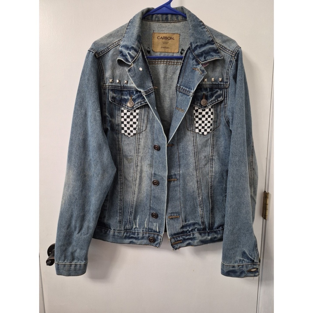Carbon Jean Men's Light Blue Distressed Graphic Jacket Hand Painted Back Size M